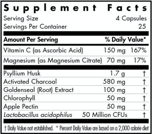 Text listing the ingredients including Vitamin C, Magnesium Citrate, Psyllium Husk, Activated Charcoal, Goldenseal Extract, Chlorophyll, Apple Pectin, Lactobacillus acidophilus
