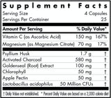 Text listing the ingredients including Vitamin C, Magnesium Citrate, Psyllium Husk, Activated Charcoal, Goldenseal Extract, Chlorophyll, Apple Pectin, Lactobacillus acidophilus