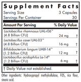 Text listing the ingredients of a the GI Flora including, Lactobacillus Rhamnosus UAL-r06, Lactobacillus casei UAL-03, Bifidobacterium longum UABl-14, Lactobacillus acidophilus La-14