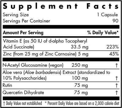 Text listing the ingredients which include Vitamin E, Zinc Carnosine, N-Acetyl Glucosamine, Aloe vera extract, Rutin, Quercetin Dihydrate