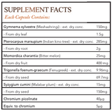 Text listing the ingredients including Gymnema sylvestre, Meshashringi, Pterocrapus marsupium, Indian Kino tree, Momordica charantia, Bitter Melon, Trigonella foenum-graecum, Fenugreek, Syzygium Cumini, Malabar plum, Chromium picolinate