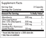 Text describing the ingredients: Monolaurin, Olive Leaf Extract (min 15% Oleuropein) Humic Acid, Lactobacillus rhamnosus Lysate Powder. (Vegatarian)