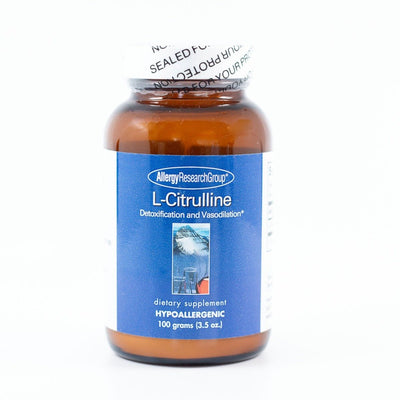 A Supplement container with the name L-Citrulline by Allergy Research Group.