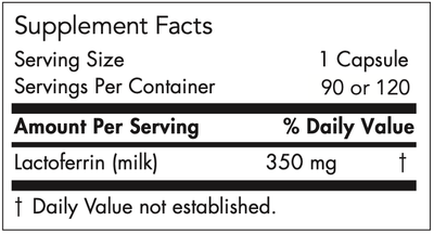 Text describing the ingredients including Lactoferrin (milk) 350mg