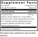 Text  describing the ingredients including Lepidium meyenii, Maca, Turnera diffusa aerial, Damiana, Tribulus terrestris, Puncture Vine, Asparagus racemosus, Shatavari, rhizome, Fouquieria splendens, Ocotillo, Zingiber officinalis rhizome, and ginger,