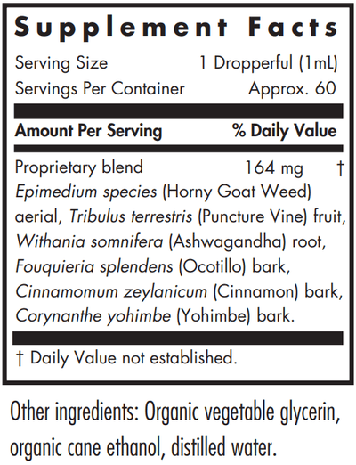 Text describing the ingredients which include Epimedium Species, Horny Goat Weed, Aerial, Tribulus terrestris, Puncture vine, Withania somnifera, Ashwagandha, Forquieria splendens, Ocotillo, Cinnamomum zeylanicum, Cinnamon, Corynanthe yohimbe, Yohimbe