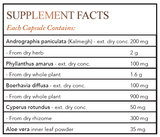 Text listing the ingredients including Andrographis paniculata, Kalmegh, Phyllanthus amarus, Boerhavia diffua, Cyperus rotundus, Aloe Vera