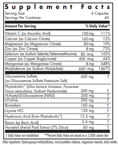 Text listing the ingredients including, VItamin C, Calcium, Magnesium Citrate, Zinc, Selenium, Copper, Manganese, Molybdenum, Glucosamine Sulfate, Phytodroitin, NAG, L-Proline, Bromelain, L-Lysine HCI, Hyaluronic Acid, Boron, HorseTail.