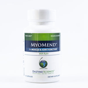 A Supplement container with the name Myomend for Muscle & Joint Function by Enzyme Science.