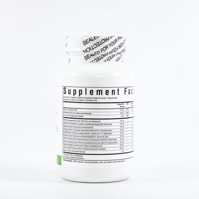 Text listing the ingredients including Vitamin c, Pantothenic acid, Zinc, Ashwagandha