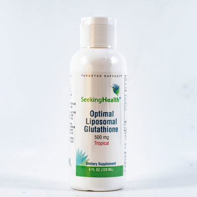 White container from the company Seeking Health. Displaying the text Optimal Liposomal Glutathione