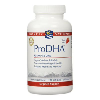 A Supplement container with the name ProDHA by Nordic Naturals.