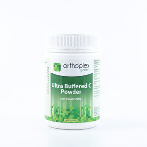 A Supplement container with the name Ultra Buffered C Powder by Orthoplex Green.